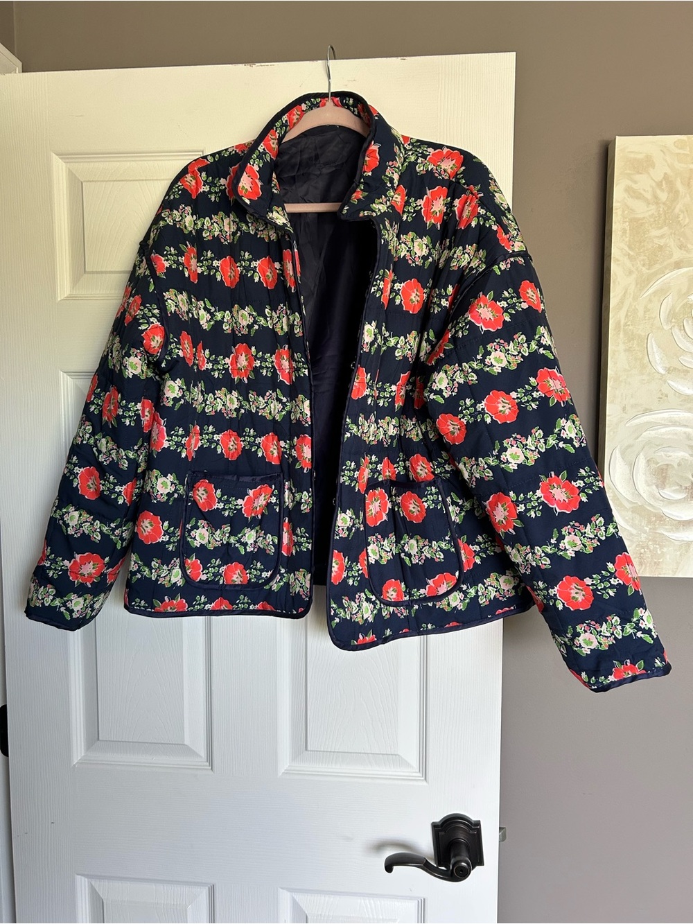 Floral Quilted Puffer Jacket - Navy with Red Floral Print